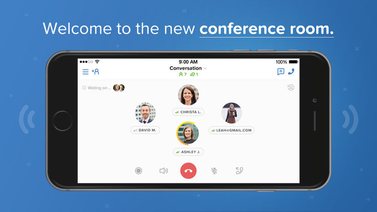 Image of a Conference Calling App In Blue Background with the Text of Welcome To New Conference Call Room.