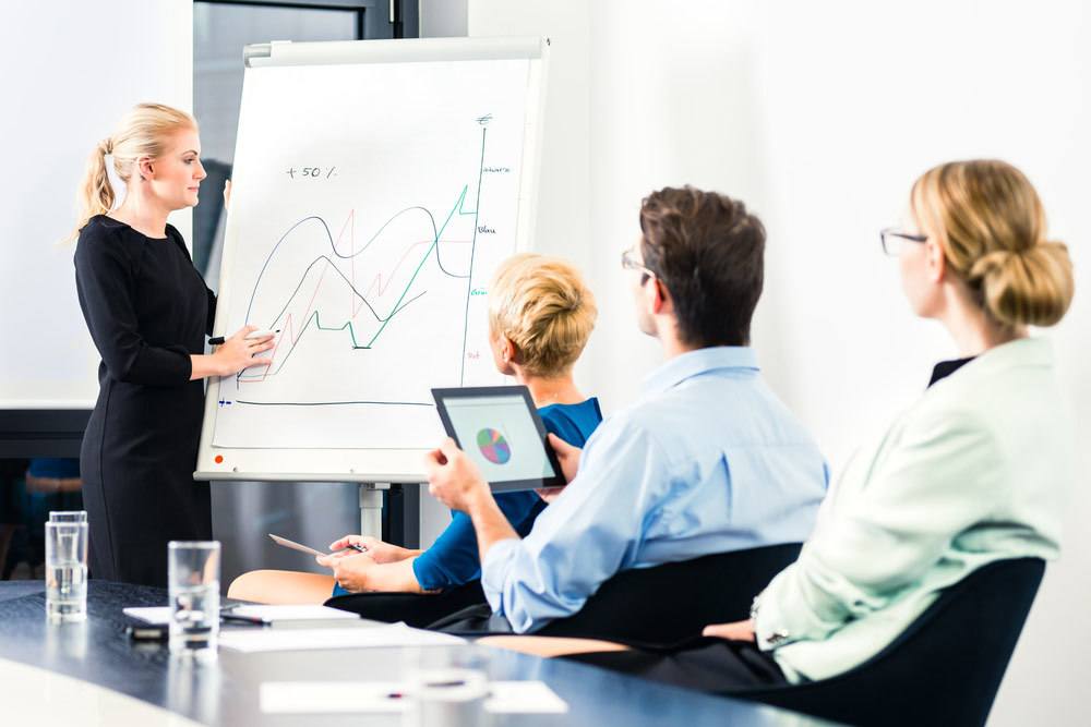 A Corporate Woman explaining a graphical concept in a meeting.